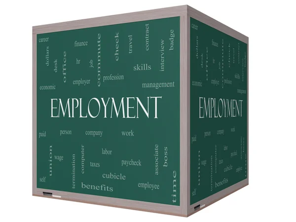 Employment Word Cloud Concept on a 3D Cube Blackboard — Stock Photo, Image