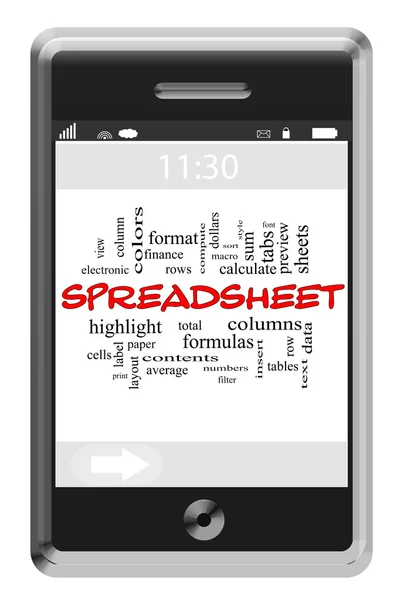 Spreadsheet Word Cloud Concept on Touchscreen Phone — Stock Photo, Image