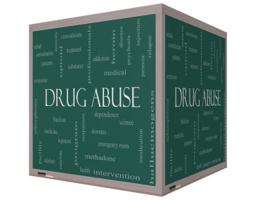 Drug Abuse Word Cloud Concept on a 3D Cube Blackboard clipart