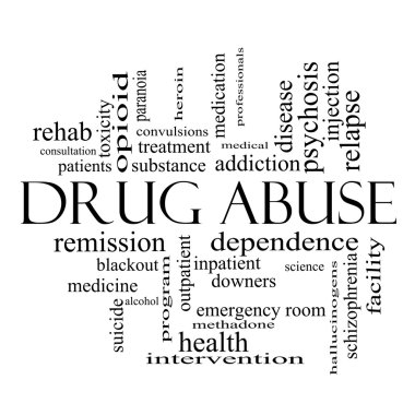 uyuşturucu istismarı word cloud kavramı siyah beyaz
