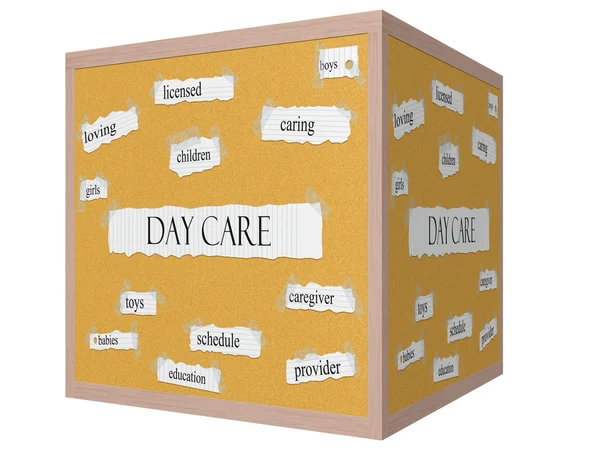 Tagespflege 3d cube Korkboard Wortkonzept — Stockfoto