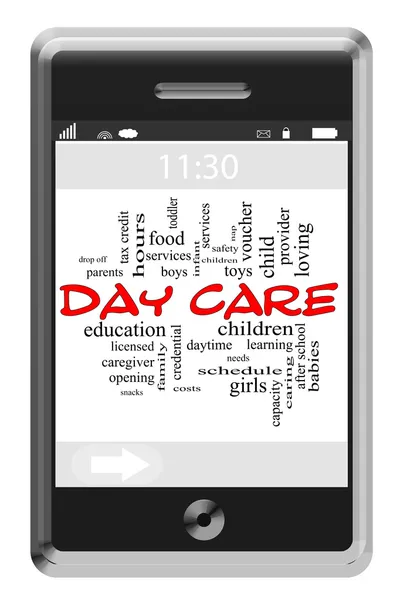 Day Care Word Cloud Concept บนหน้าจอสัมผัส โทรศัพท์ — ภาพถ่ายสต็อก