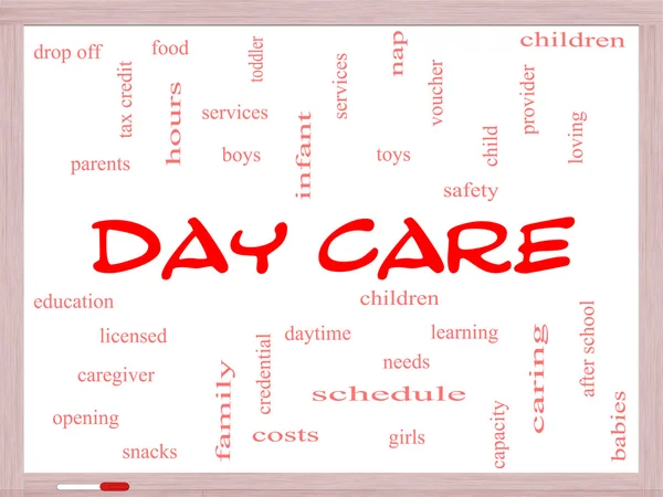 Day Care Word Cloud Concept on a Whiteboard — Stock Photo, Image