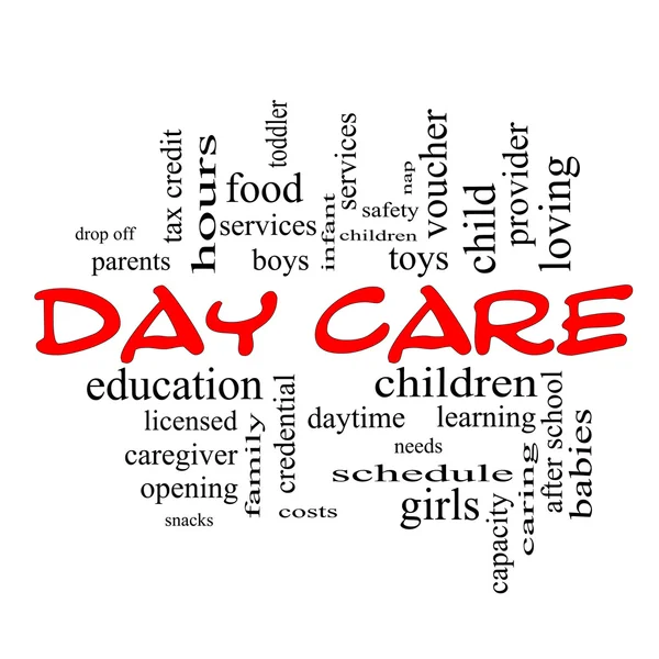 Day Care Word Cloud Concept in red caps — Stock Photo, Image