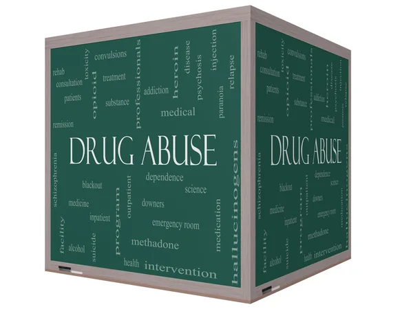 Drug Abuse Word Cloud Concept on a 3D Cube Blackboard — Stock Photo, Image