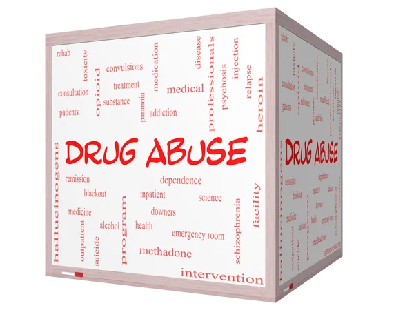 Drug Abuse Word Cloud Concept on a 3D Cube Whiteboard — Stock Photo, Image