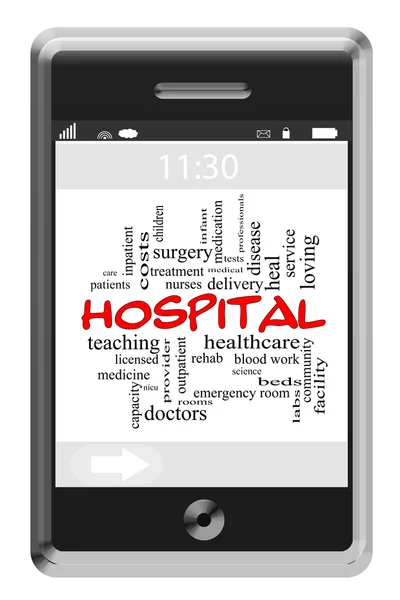 Concepto de nube de palabra de hospital en el teléfono de pantalla táctil —  Fotos de Stock