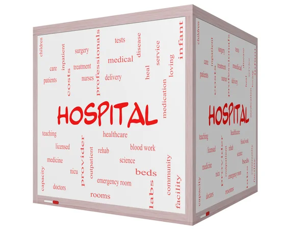 Hospital Word Cloud Concept on a 3D Cube Whiteboard — Stock Photo, Image