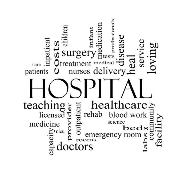 Concepto Hospital Word Cloud en blanco y negro — Foto de Stock