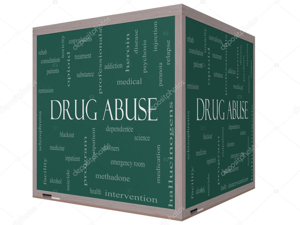 Drug Abuse Word Cloud Concept on a 3D Cube Blackboard