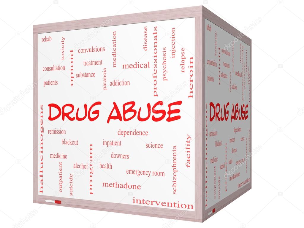 Drug Abuse Word Cloud Concept on a 3D Cube Whiteboard