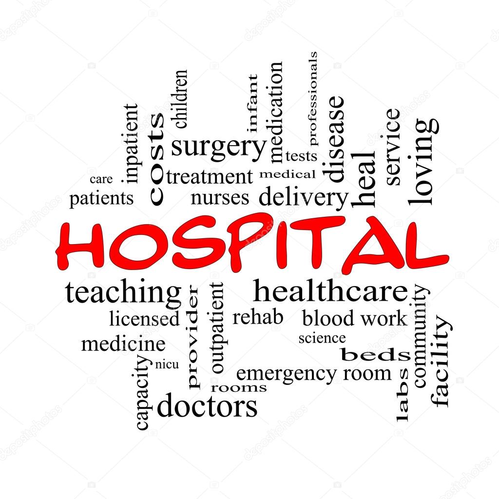 Hospital Word Cloud Concept in red caps