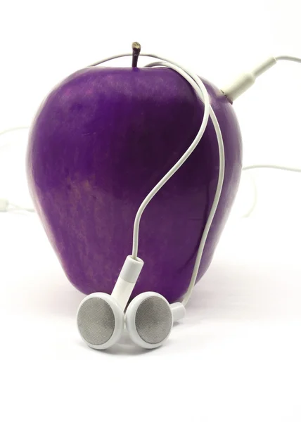 Purple Apple with Earbuds — Stock Photo, Image