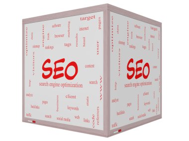 SEO kelime bulutu kavramı üzerinde bir 3d küp beyaz tahta