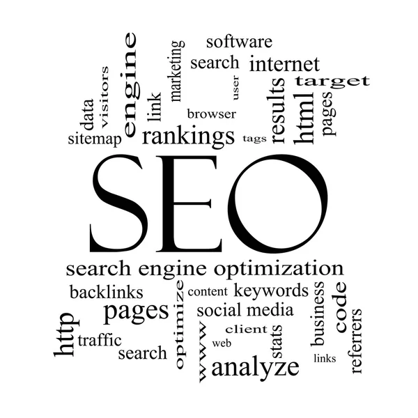 Concepto SEO Word Cloud en blanco y negro —  Fotos de Stock