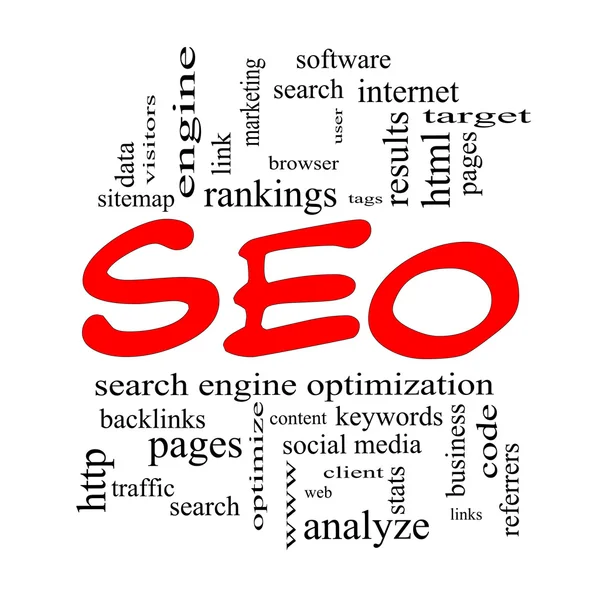 SEO Word Cloud Concept in red caps — Stock Photo, Image