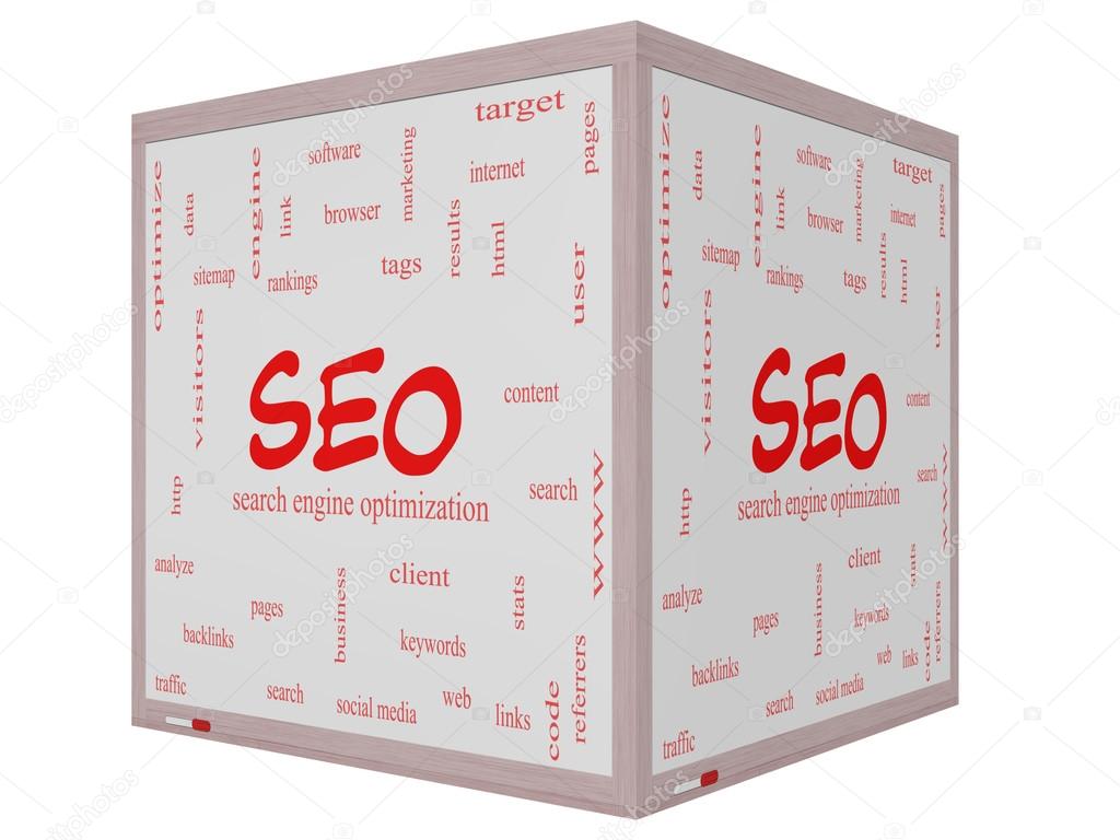 SEO Word Cloud Concept on a 3D cube Whiteboard
