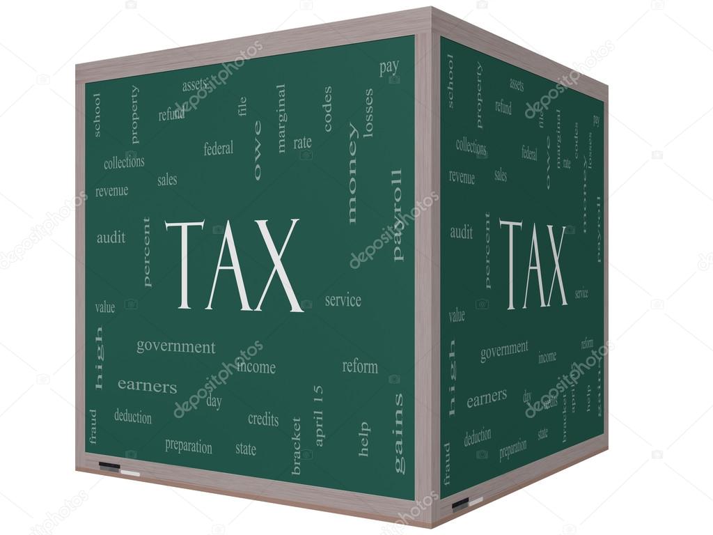 Tax Word Cloud Concept on a 3d cube Blackboard