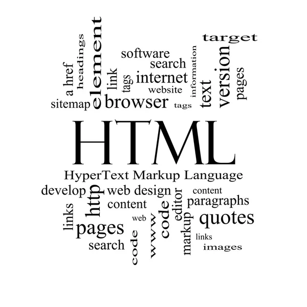 HTML word cloud kavramı siyah beyaz — Stok fotoğraf