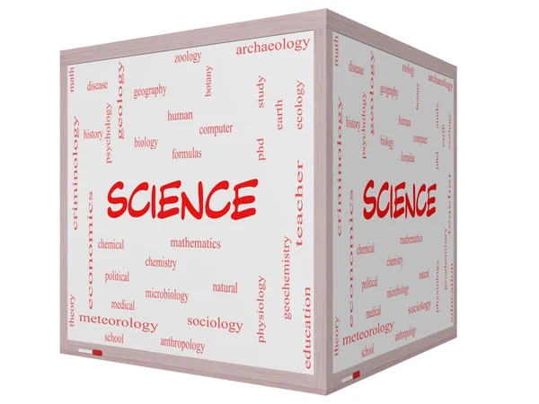 Science Word Cloud Concept on a 3D Cube Whiteboard — Stock Photo, Image