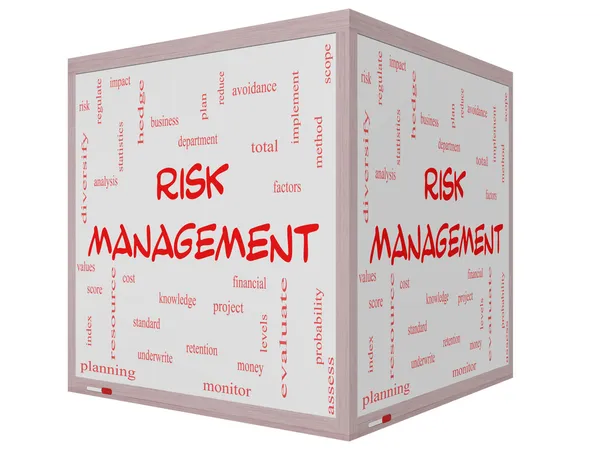 Risk Management Word Cloud Concept on a 3D Cube Whiteboard — Stock Photo, Image