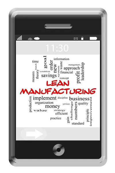 Lean manufacturing woord wolk concept op touchscreen telefoon — Stockfoto