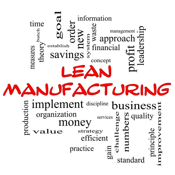 Lean Manufacturing Conceito de nuvem do Word em tampas vermelhas — Fotografia de Stock