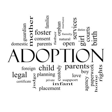 Adoption Word Cloud Concept in black and white clipart