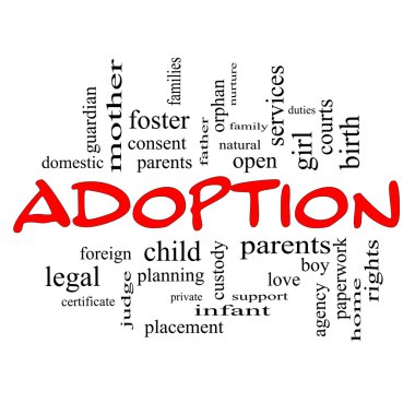 Adoption Word Cloud Concept in red caps clipart