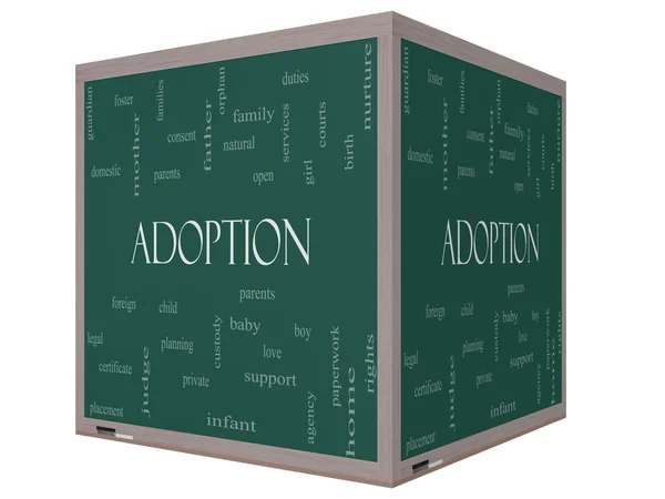 Adoption Word Cloud Concept on a 3D cube Blackboard — Stock Photo, Image