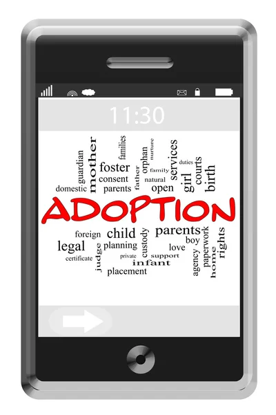 Adopción Word Cloud Concept en el teléfono con pantalla táctil — Foto de Stock