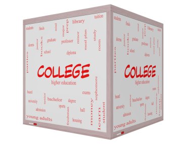 College Word Cloud Concept on a 3D Cube Whiteboard clipart
