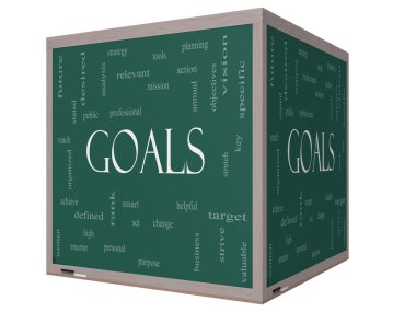 Goals Word Cloud Concept on a 3D cube Blackboard clipart