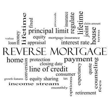 Reverse Mortgage Word Cloud Concept in black and white