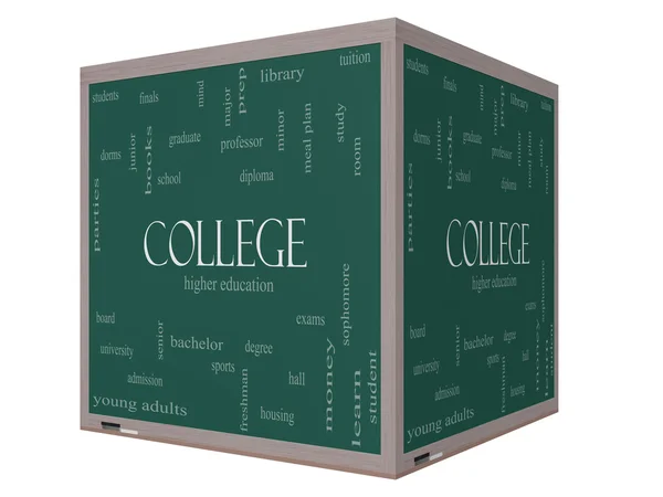 College Word Cloud Concept on a 3D Cube Blackboard — Stock Photo, Image