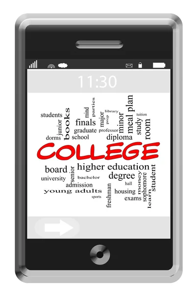 Főiskolai szó felhő fogalmát a touchscreen telefon — Stock Fotó
