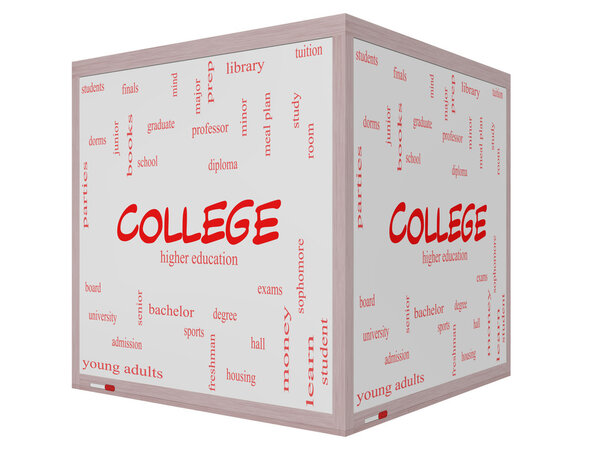 College Word Cloud Concept on a 3D Cube Whiteboard