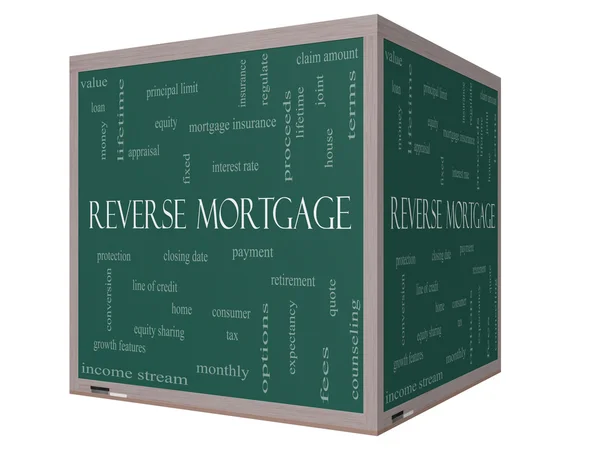 Reverse Mortgage Word Cloud Concept on a 3D cube Blackboard — Stock Photo, Image