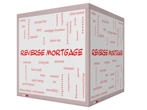 Reverse Mortgage Word Cloud Concept on a 3D cube Whiteboard — Stock Photo, Image