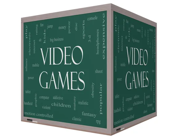 Video Games Word Cloud Concept on a 3D cube Blackboard — Stock Photo, Image