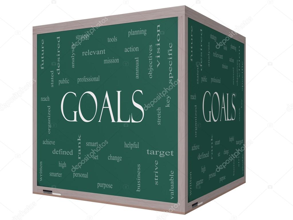 Goals Word Cloud Concept on a 3D cube Blackboard