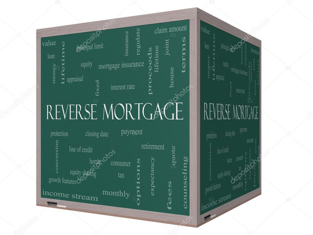 Reverse Mortgage Word Cloud Concept on a 3D cube Blackboard