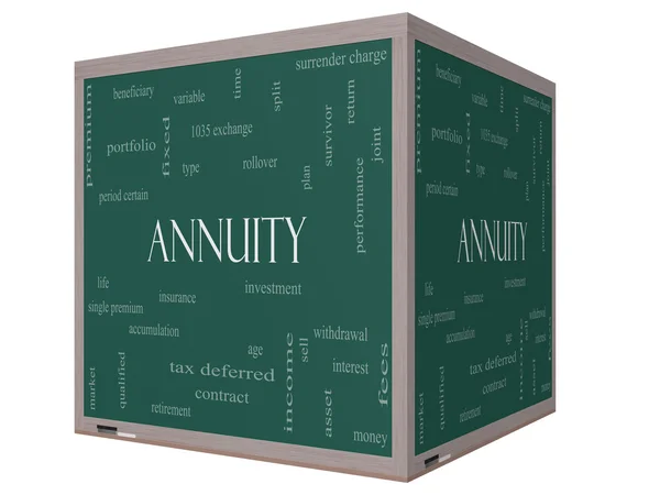 Annuity Word Cloud Concept on a 3D cube Blackboard — Stock Photo, Image
