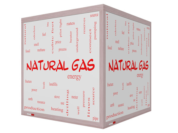 Natural Gas Word Cloud Concept on a 3D cube Whiteboard