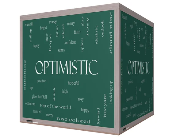 Optimistisches Word-Cloud-Konzept auf einer 3D-Würfeltafel — Stockfoto