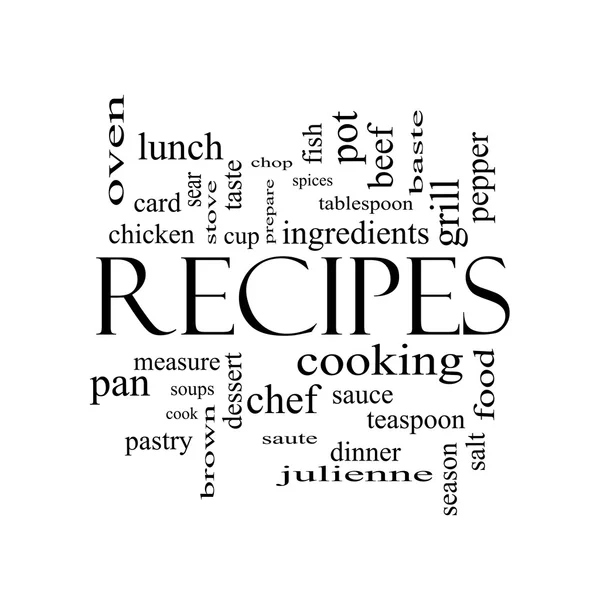 Recipes Word Cloud Concept in black and white — Stock Photo, Image