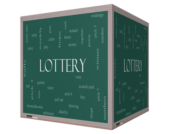 Lottery Word Cloud Concept on a 3D cube Blackboard