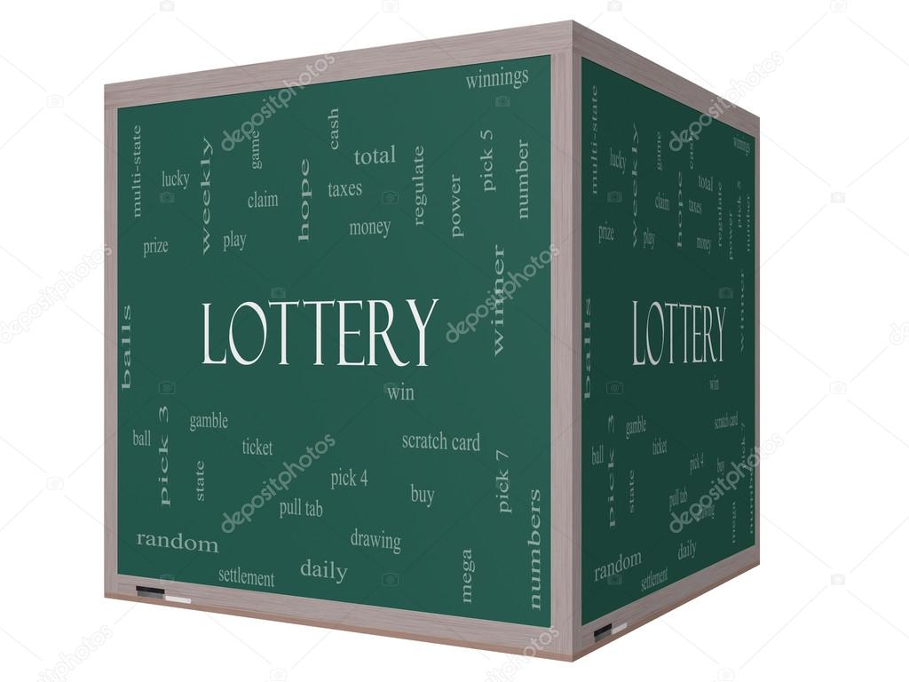 Lottery Word Cloud Concept on a 3D cube Blackboard