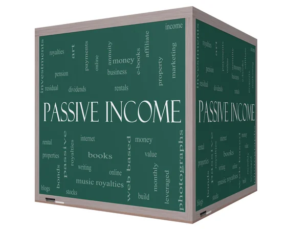 Passive Income Word Cloud Concept on a 3D cube Blackboard — Stock Photo, Image