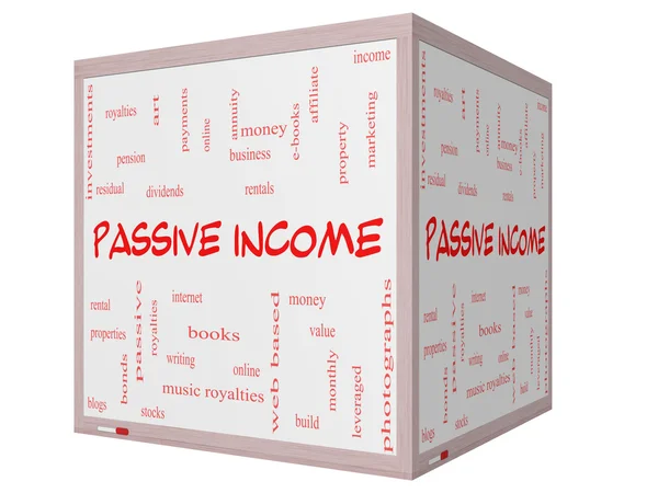 Passives Einkommenswort-Cloud-Konzept auf einem 3D-Würfel-Whiteboard — Stockfoto